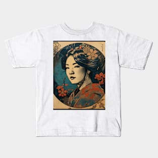 Vintage Rose Blossoms Japanese Woodblock Maple Streetwear Hipster Asian Inspired Retro Manga Samurai Campanula latifolia Kids T-Shirt